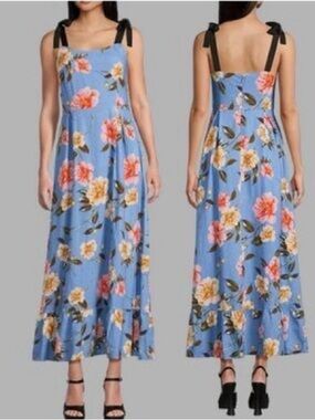 GB Blue Floral Maxi Dress with Black Tie Straps Sz S